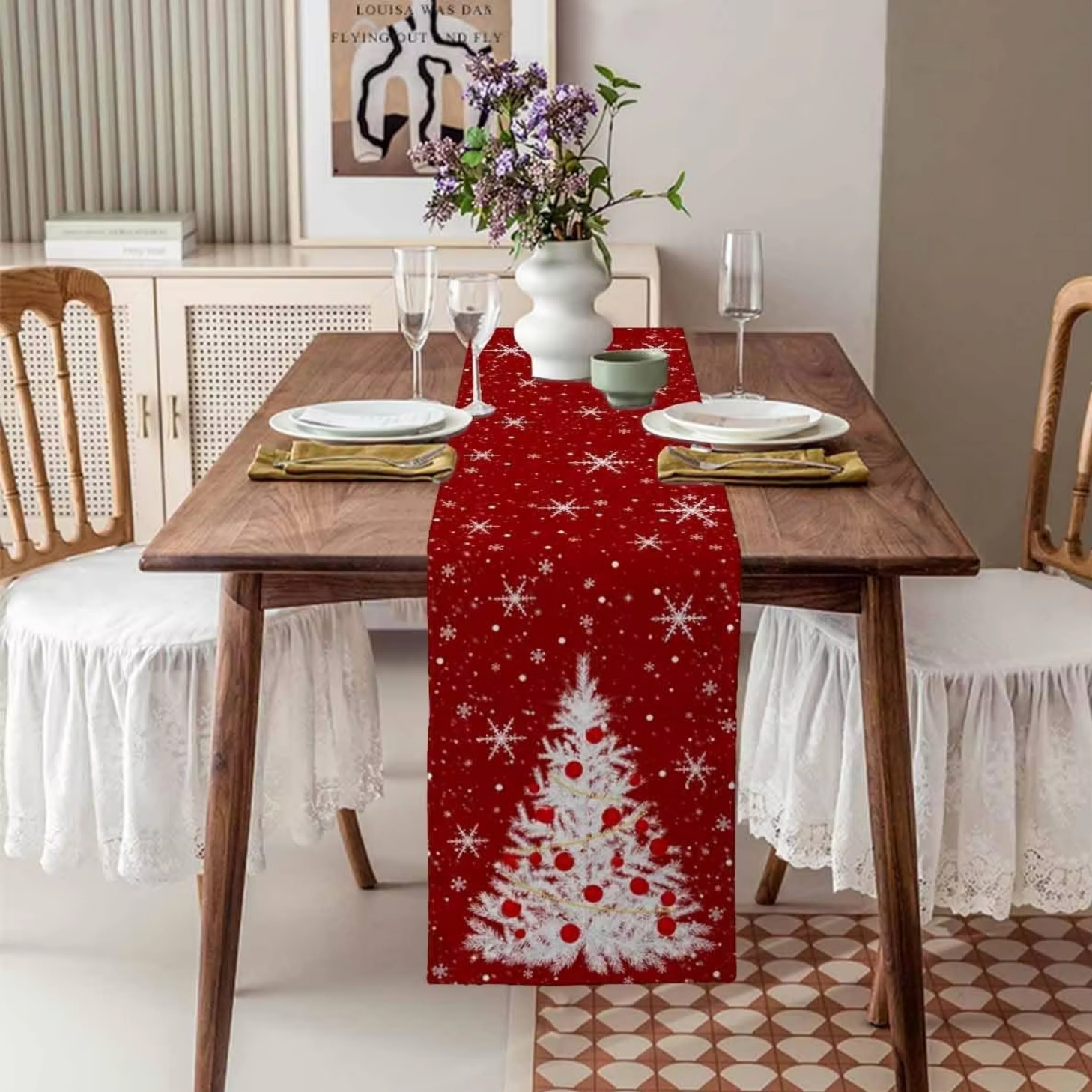 Christmas Table Runner - Red Table Runner Christmas Tree Pattern
