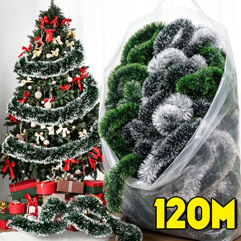 Tinsel Garland Decoration - Green White Snow Christmas Tinsel Garland