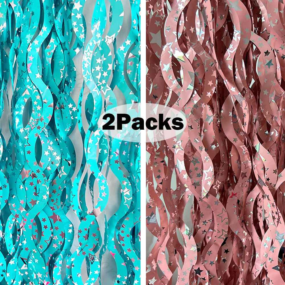 Tinsel Garland Decoration - 2Packs Teal Blue Pink Foil Curtain
